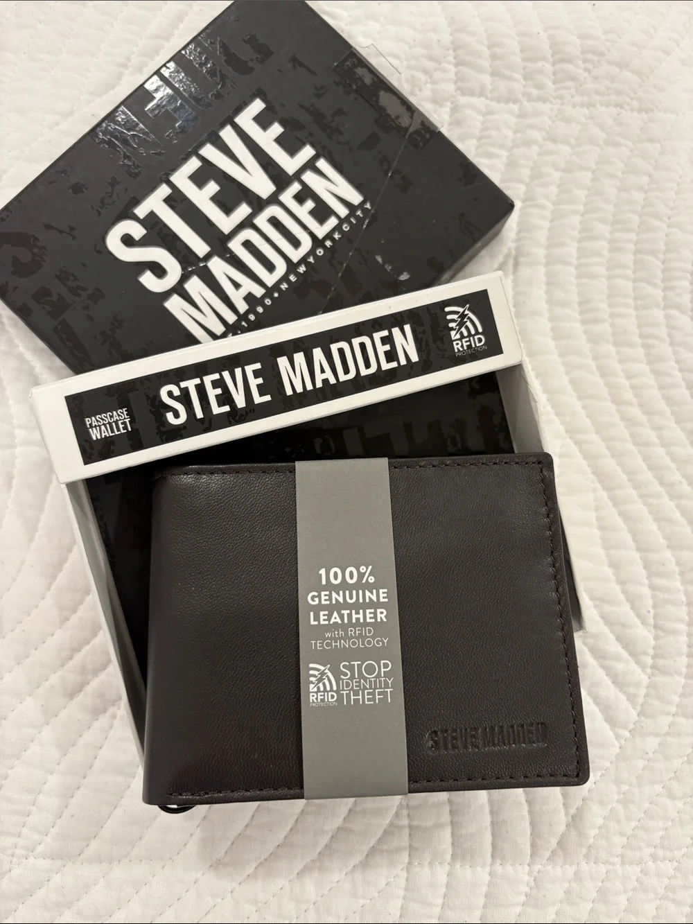 Steve Madden Black Genuine Leather RFID Bi-Fold Wallet